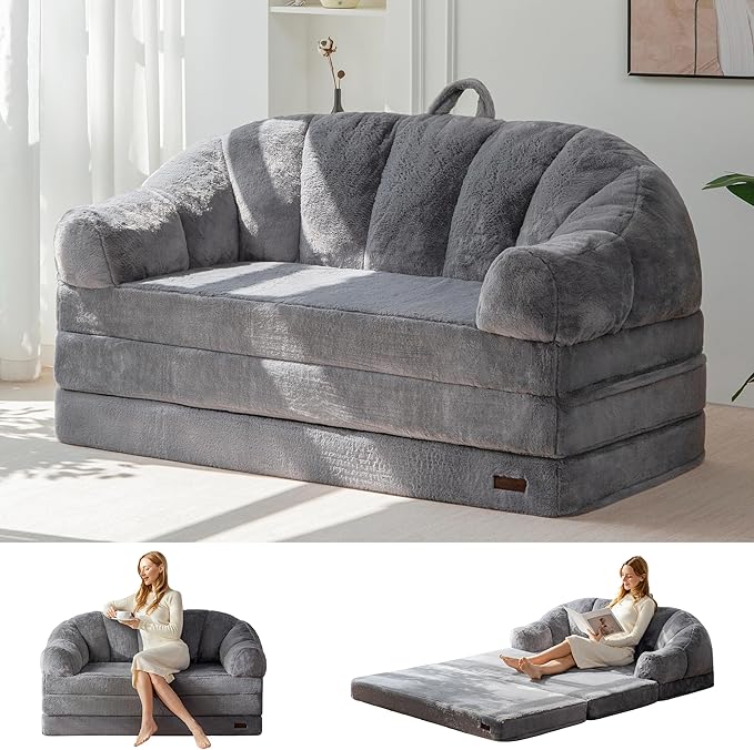 MAXYOYO Folding Sofa Bed 2 in 1 Convertible Sofa to Lounger Comfy Loveseat Bean Bag Chair for Adults Floor Sleeper Couch with Handle Faux Fur Couch Bed for Living Room Bedroom Grey Loveseat
