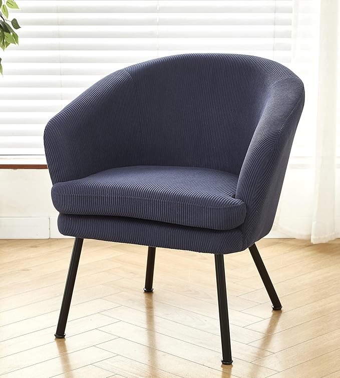 Modern Corduroy Accent Chair with Channel Back Design Black Metal Legs and Soft Upholstery Comfortable Seating for Living Room Bedroom or Office Blue