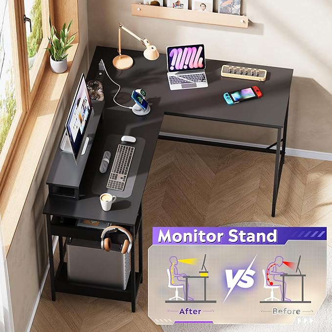 DEVAISE 55 Inch L Shaped Gaming Desk with LED Lights &amp Power Outlets Corner Desk for Small Spaces Sturdy PC Computer Table with Storage for Home Office Black