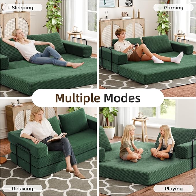 Convertible Sofa Bed 4-in-1 DIY Combination Modular Couch with Pillows Comfy Boneless Sleeper Sofa Bed with Fixed-Shape Frame Corduroy Convertible Lounge Couch for Living Room Green