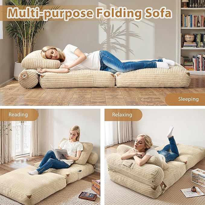 75'' Foldable Sofa Bed Convertible Sleeper Sofa with Pillow Boneless Corduroy Foldable Couch Bed Single Sleeper Chair for Small Spaces Living Room Bedroom StudioBeige