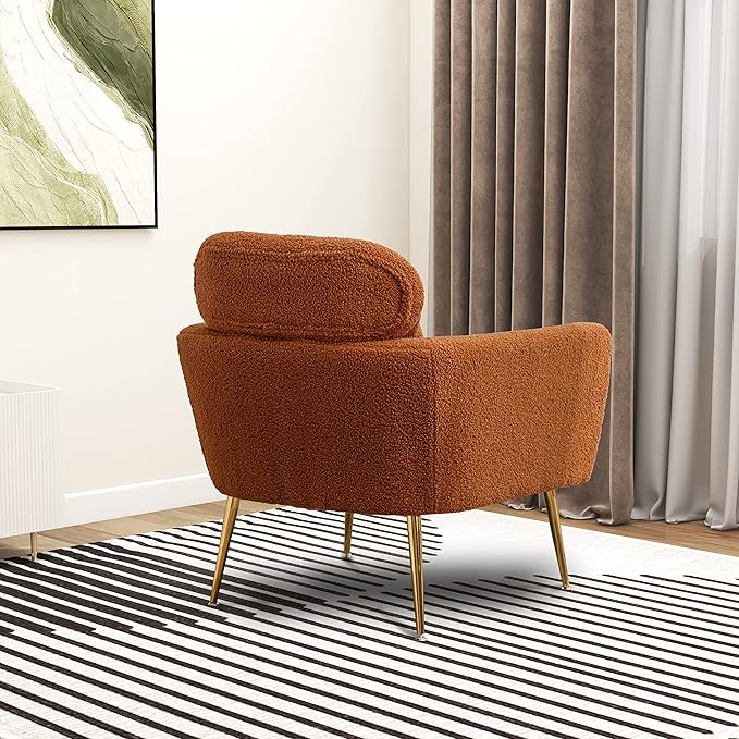 29.5 W Modern Boucle Accent Chair Armchair Upholstered Reading Chair Single Sofa Leisure Club Chair with Gold Metal Leg and Throw Pillow for Living Room Bedroom Dorm Room Office Caramel Boucle