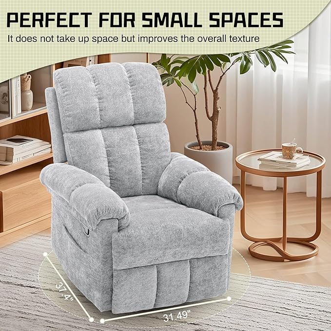 Recliner Chair Swivel Rocker Recliner Chair for Adults Small Recliners for Small Spaces Manual Recliner Chair with Side Pockets Nursery Rocking Chair for Living Room Chenille Silver Grey