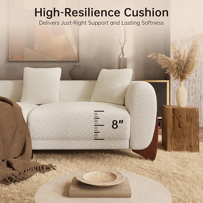 Morden Fort Boucle Sofa Modern Upholstered Cloud Couch Durable Comfy Boucle Pet-Friendly Sofa Deep Seat with Wooden Leg &amp Pillow Sofas 3 Seater Couches for Living Room Bedroom Apartment Beige