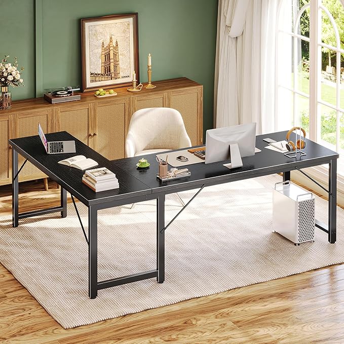 Huuger 63 Inch L Shaped Desk with 0.95 Inch Thicker Desktop Reversible Computer Larger Corner Office Gaming Desk Robust Metal Frame for Home Office Study Black