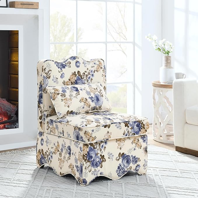 TTK Flannel Upholstered Accent Chair - Retro Single Sofa Chair with Floral Pattern Armless Lounge Chair with Removable Cushion &amp Pillow Comfortable Dining Chair for Living Room (Blue)