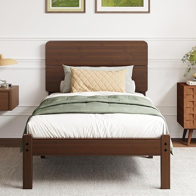 14in High Solid Bamboo Wood Platform Twin XL Bed Frame with Headboard Reinforced Heavy Duty Metal Slats Noise Free No Box Spring Needed Easy Assembly Walnut
