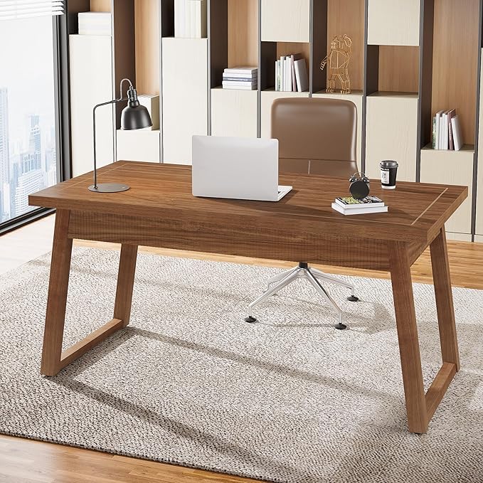 Tribesigns Home Office Executive Desk: 55 Inches Wooden Computer Desk with Drawer Mid-Century Modern Study Writing Table Rustic PC Laptop Desk Workstation Furniture Walnut Brown