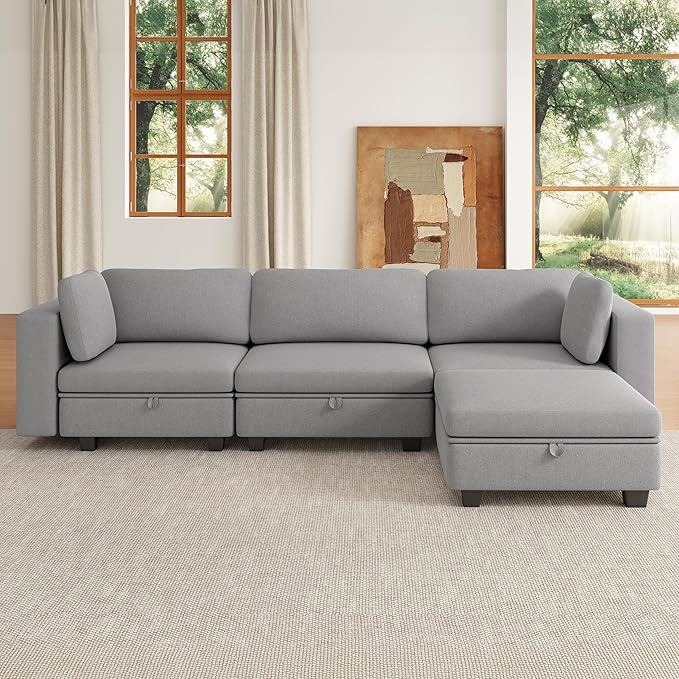 Modular Sectional Sofa Oversized L Shaped Sectional Couch with Storage Ottoman Modular Couch with Deep Seat Comfy Convertible Sectional Couches for Living Room and Apartment Light Grey