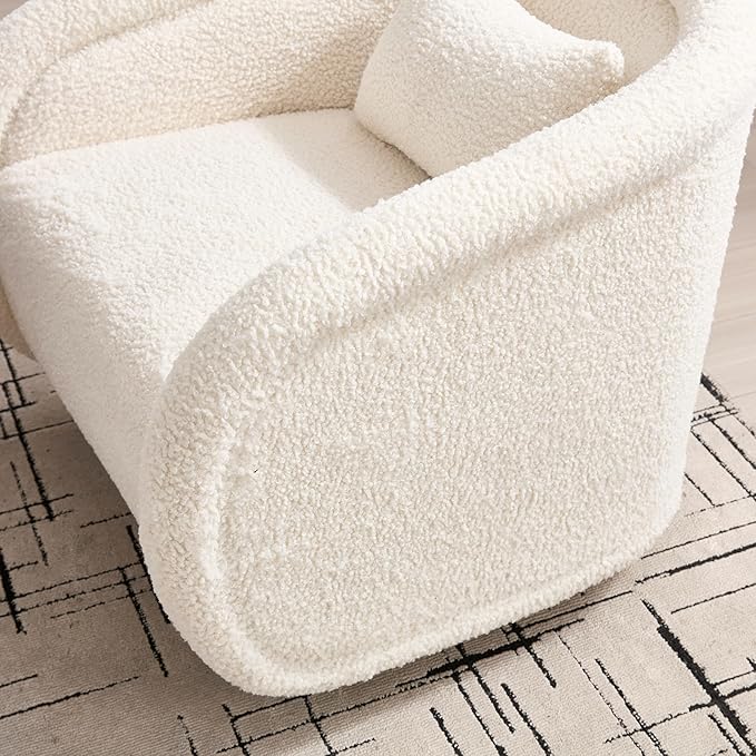 KEIKI 360° Swivel Accent Barrel Chair Soft Teddy Upholstered Single Sofa Comfortable Foam Cushion Sturdy Wooden Frame Stylish for Living Room Bedroom Office – White
