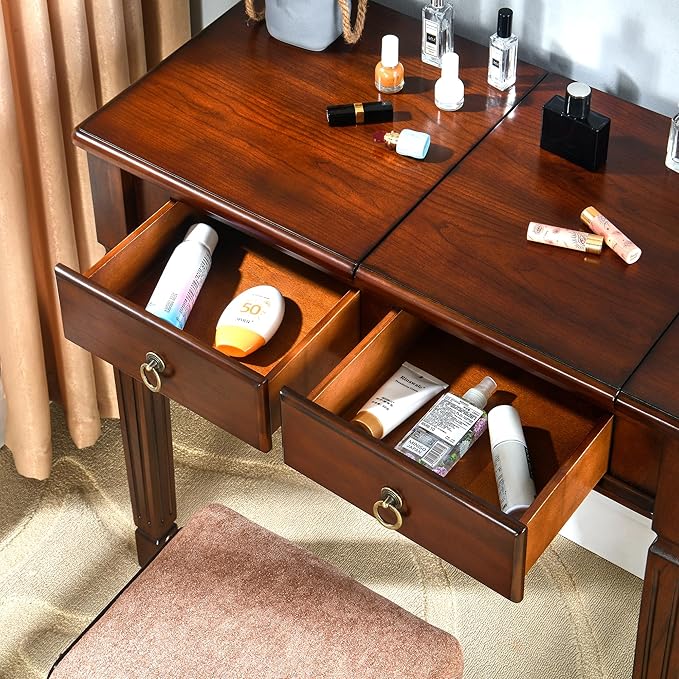 LEEMTORIG 31.5 Solid Wood Small Vanity Desk with Flip-top Mirror Compact Wooden Writing Desk with Drawers 3 in 1 Secretary Desk/Dressing Table/Nightstand for Small Space Cherry Walnut SZT-D0036