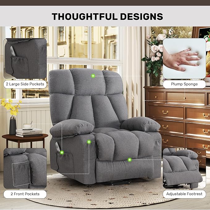 Power Lift Recliner Chair for Elderly Big and Tall Lift Chair with Massage and Heat for Living Room Fabric Electric Recliner Chairs with 4 Side Pockets USB Charge PortGrey