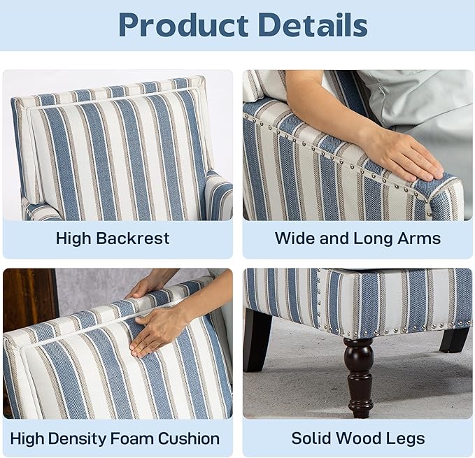 Blue Striped Accent Chair for Living Room Bedroom - Comfy Cotton Linen Reading Chair Coastal Nautical Armchair with Solid Wood Legs Easy Assembly (Striped Blue)