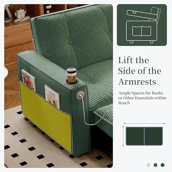 73.2 Pull Out Sofa Bed Corduroy Convertible Sleeper Couch Loveseat Chaise Lounge with Side Pockets &amp Cup Holder Pullout Futon Sofa Bed for Living Room Bedroom Small Spaces RV (Green)