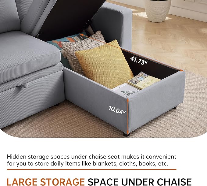 79 Sectional Sofa Couch L Shaped Sleeper Sofa Bed with Reversible Storage Chaise Side Pockets Durable Cushions Convertible Pull Out Bed Couch for Living Room Light Grey