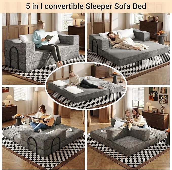80 Foldable Chenille Futon Sofa Bed 4-in-1 Convertible Couch with 2 Pillows King-Size Floor Lounger for Living Room Guest Room Dorm - No Assembly (Gray 80in)