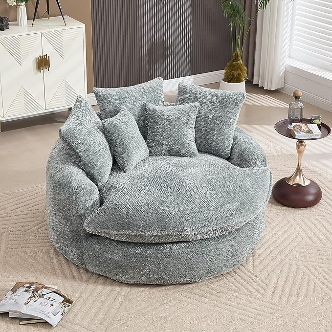 54 Oversized Round Chair Couch Lounge Chaise Indoor Comfy Boneless Sofa for Living Room Cloud Large Circle Couch Chair with 5 Pillows Fluffy Modern Sleeper Sofa Bed for Reading (Blue Gray)