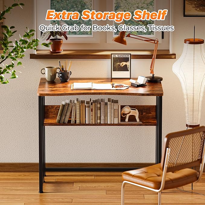 Huuger Folding Desk with Storage Shelf 31.5 Inch Foldable Computer Table for Small Spaces Space Saving Sofa Table for Couch Writing Work Office Computer Desk Easy to Fold Rustic Brown