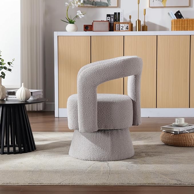 360 Degree Swivel Cuddle Barrel Accent Chairs Round Armchairs with Wide Upholstered Fluffy Fabric Chair for Living Room Bedroom Office Waiting Rooms (Light Gray Boucle) KO385