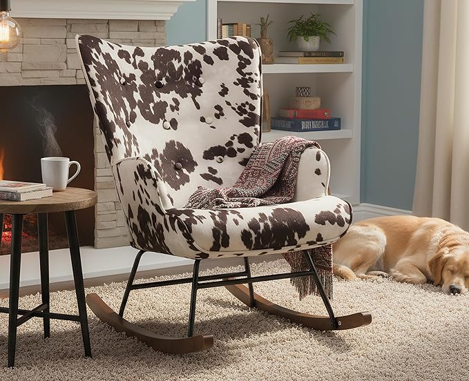EALSON Nursery Rocking Chair Fabric Upholstered Rocker Chair Tufted Wingback Accent Chair with Wooden Base Modern Comfy Lounge Armchair for Bedroom Living Room Cow