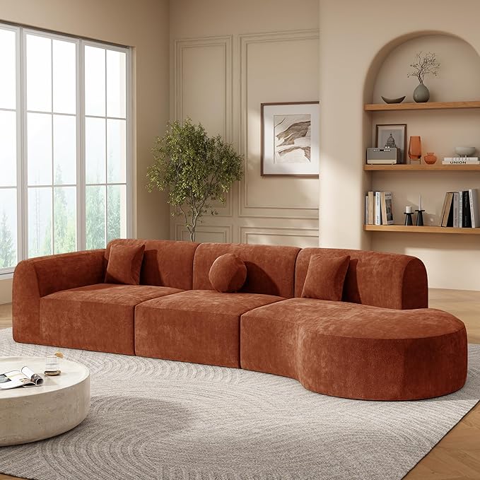 140 Modern Curved Sectional Sofa with High-Density Fully Compressed Sponge and Chaise Lounge 3-Piece Set Fully Assembled Right Hand Facing Perfect for Living RoomLounge (Orange#84)