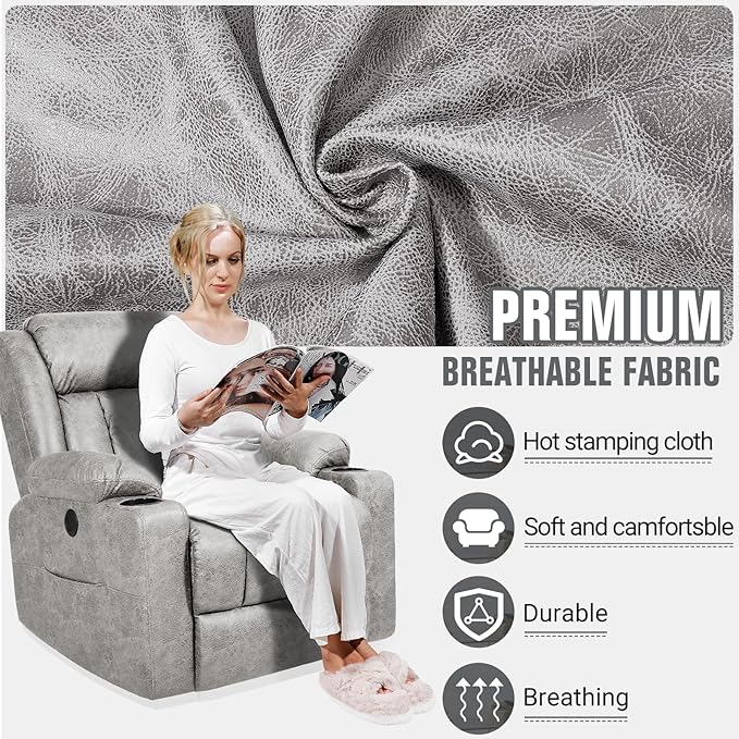 LEVELEVE Retro Rocking Recliner Chair Massage Rocker Recliner Chair with Vibration Massage and Heat USB and Type-C Ports360° Swivel ChairsLiving Room Bedroom Nursery RV Light Grey