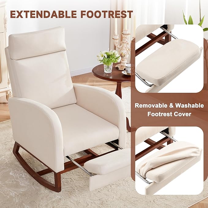 Rocking Chair with Foot Rest Ergonomic Nursery Chair with High Back Baby Glider Rocker Nursing Chair Accent Living Room (Linen Beige)