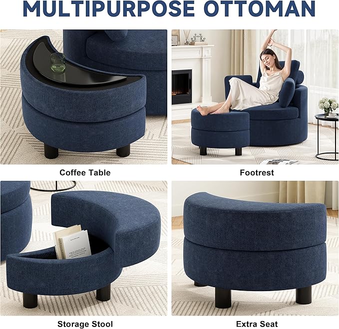 39.8” Swivel Accent Barrel Chair with Storage Oversized Round Chairs with Half Moon Ottoman Swivel Barrel Chaise Lounge Indoor with Neck Support Pillow Barrel Chairs for Living Room Dark Blue