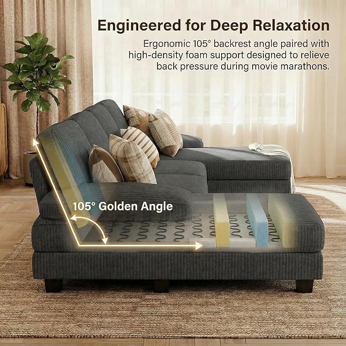 Homall Modular Sectional U Shaped Sofa Couches for Living Room Comfy Corduroy 4 Seat Sofa Set with Removable Pillows Lounge Chaise Upholstered Couch for Apartment (Corduroy Dark Grey)