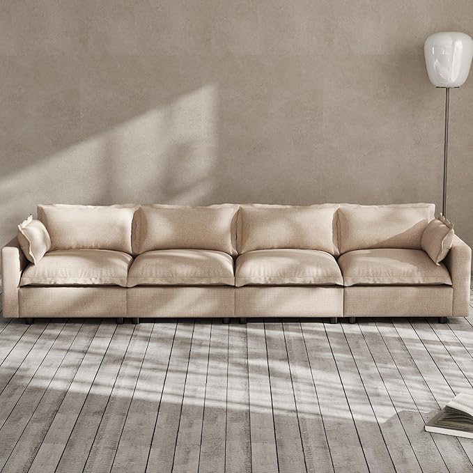 Modern Couch Modular Sectional Sofa 126 L-Shape Cloud Couch with Ottoman for Living Room Bedroom Reading Study Waitting Room Linen Fabric-Khaki
