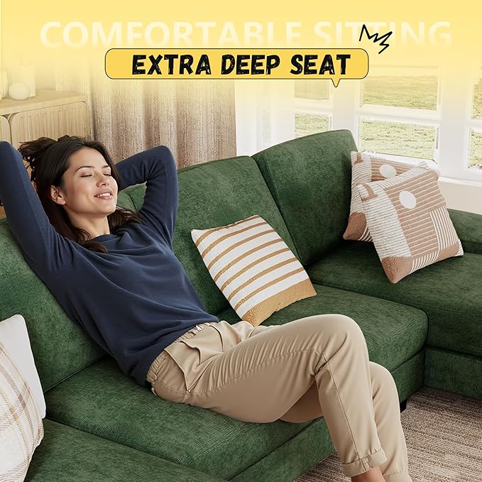 JUMMICO Sectional Couches for Living Room U Shaped Couch with Chenille Fabric 4 Seat Modern Sofa with Removable Pillows for Apartment and Small Space (Fabric Green)