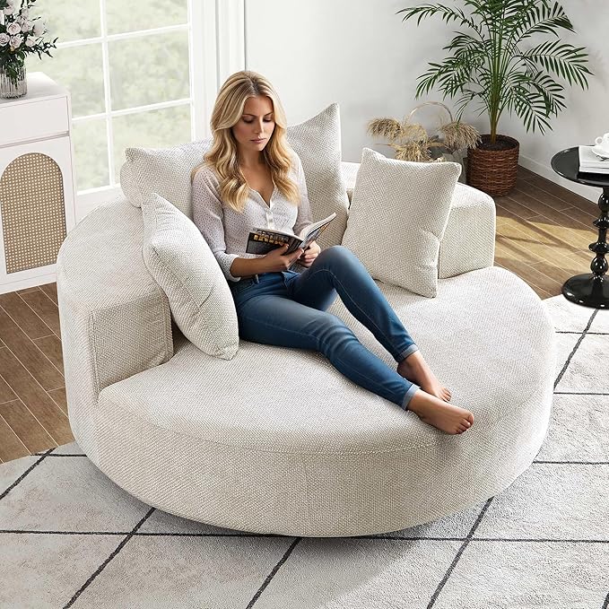 SLEERWAY 55W Oversized Swivel Accent Chair Large Barrel Chairs Upholstered Round Swivel Chair Chenille Single Sofa Armchair Modern Sleeper Chair for Living Room Lounge and Projection Room Beige