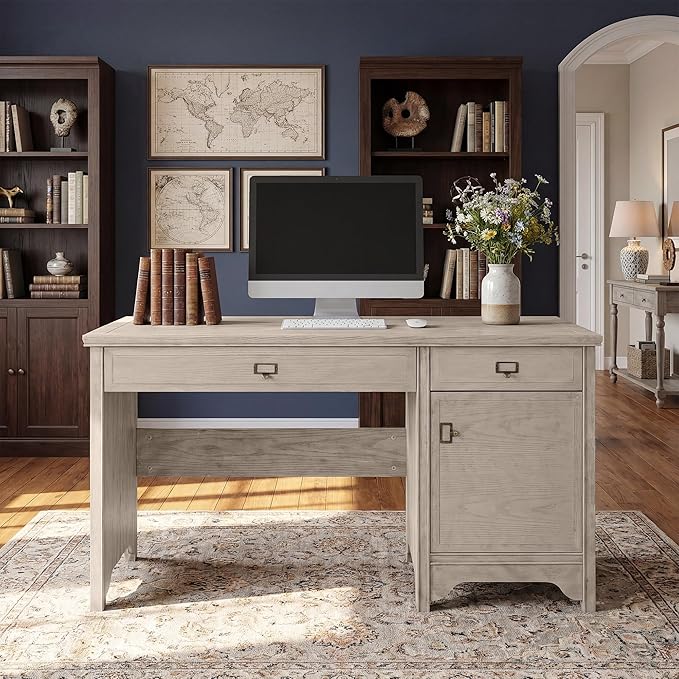 Chogori 47 Solid Wood Executive Desk Farmhouse Office Computer Desk with 2 Drawers &amp Storage Cabinet Wooden Writing Table for Home Office Study Bedroom (Gray)
