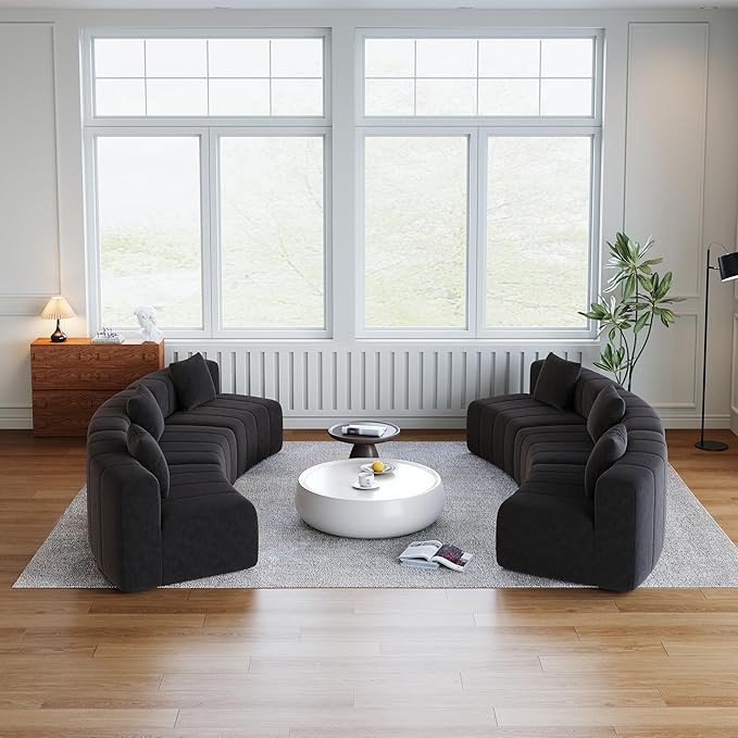 KEIKI Chenille Curved Sectional Sofa 6 Seat Symmetrical Modular Semi Circular Modular Couch Deep Seat Tufted Corner Sofa for Living Room Lobby Black