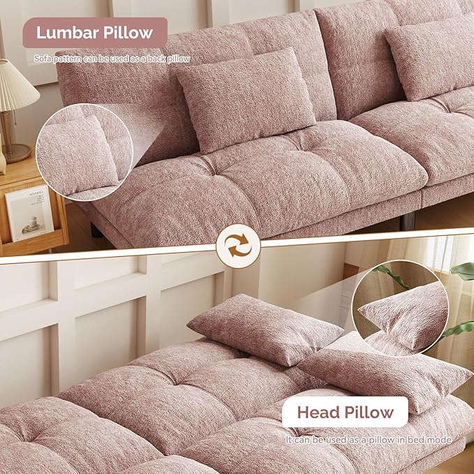 Futon Sofa Bed Convertible 70 inch Solid Wood Couch for Living Room Chenille Fabric 2 Cushions (Pink)