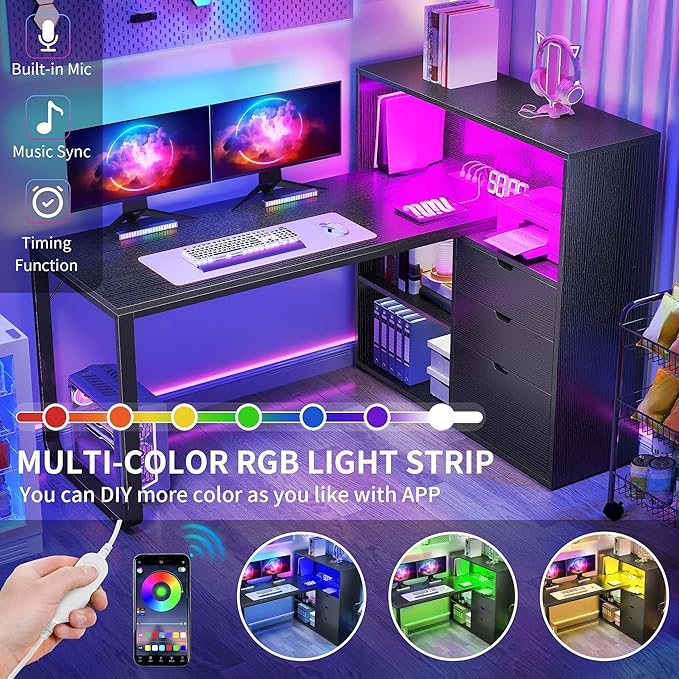 YITAHOME L Shaped Desk with Power Outlets &amp LED Lights &amp File Cabinet 55 Corner Computer Desk with 3 Drawers &amp 3 Storage Shelves Home Office Desk with Bookshelf Black