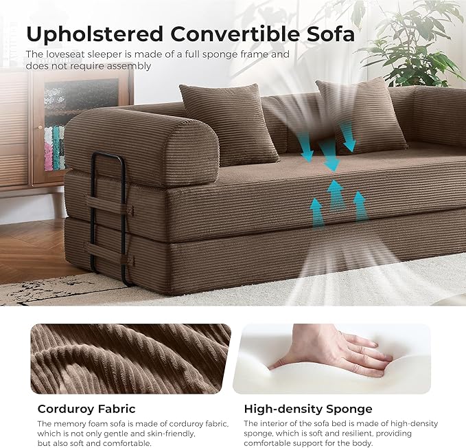 5-in-1 Convertible Sofa Bed | 79 Fixed Frame with High-Resilience Memory Foam Easy Setup | Durable Corduroy Converts to Full Bed Great for Family Living Room (Brown)