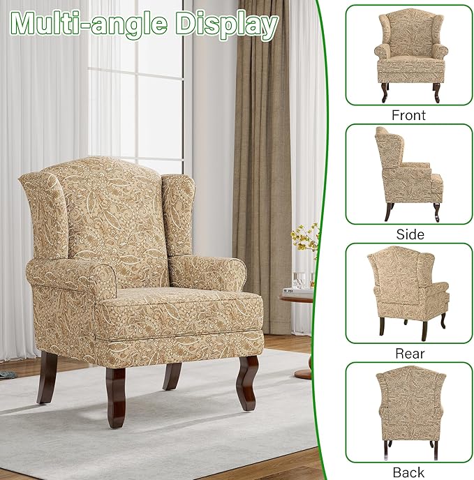 Lumibee High Back Accent Chair Comfy Armchair with Solid Wood Legs for Living Room Upholstered Accent Chair for Small Space Single Sofa Reading Chairs for Office-Paisley Brown