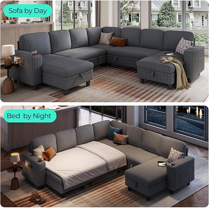 LINSY HOME Sectional Sleeper Sofa Pull Out Couches for Living Room (Grey Sleeper Sofa 5) | Pull Out Sofa Bed Storage USB Charging Cup Holders Plush Corduroy