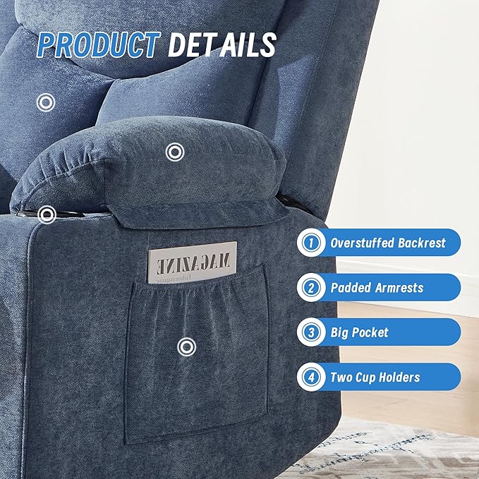 Manual Rocker Recliner Chair for Adults with Vibration MassageGlider Rocking Recliner Chairs for Living Room Bedroom Overstuffed Reclining Sofa Chair with Pockets and Cup Holds (Blue)