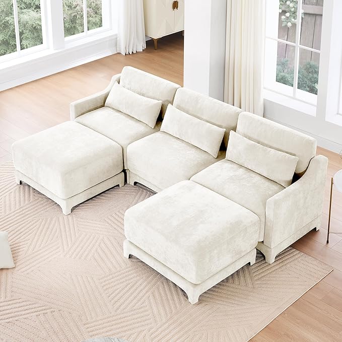Livavege 105.9 U Shaped Modular Sectional Sofa Couches for Living Room Modern Comfy 3 Seater Couch with 2 Ottoman Thick Cushions &amp Solid Wood Frame Upholstered Chenille Deep Seat Sofas Beige