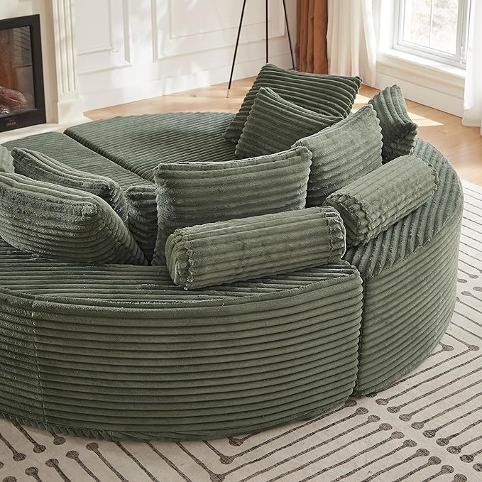 78.5 Oversized Round Chaise LoungeModular Convertible 2-in-1 Sofa Bed Upholstered CorduroyBoneless Plush Couches with PillowNo Assembly RequiredGreen