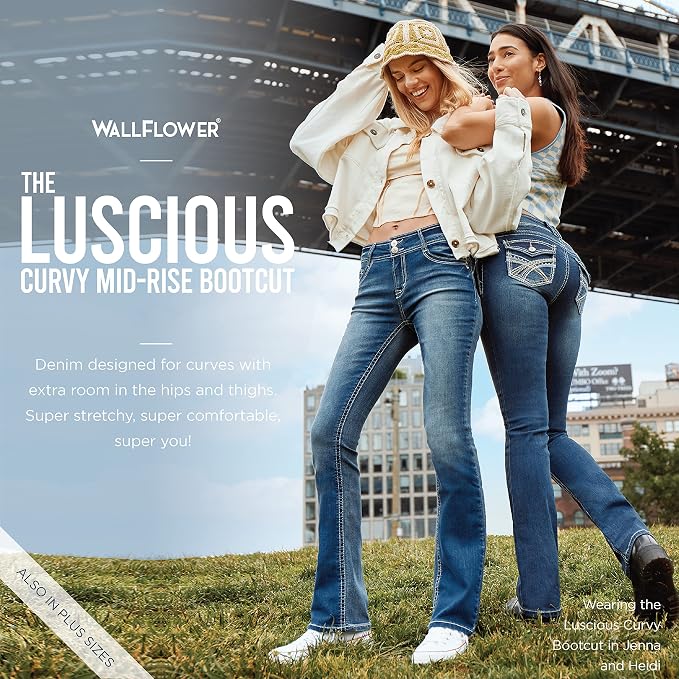 WallFlower Luscious Curvy Bootcut Jeans for Women Mid-Rise Insta Stretch Denim Size-Inclusive Juniors Jeans