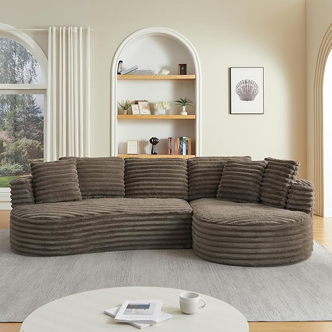Modern Curved Boneless Sectional Sofa Oversized Minimalist L-Shape Corduroy Sponge Sofa with Round Chaise Comfy Sleeper Couch for Living Room Apartment Reception Spaces 4 Seat Brown Right Chaise