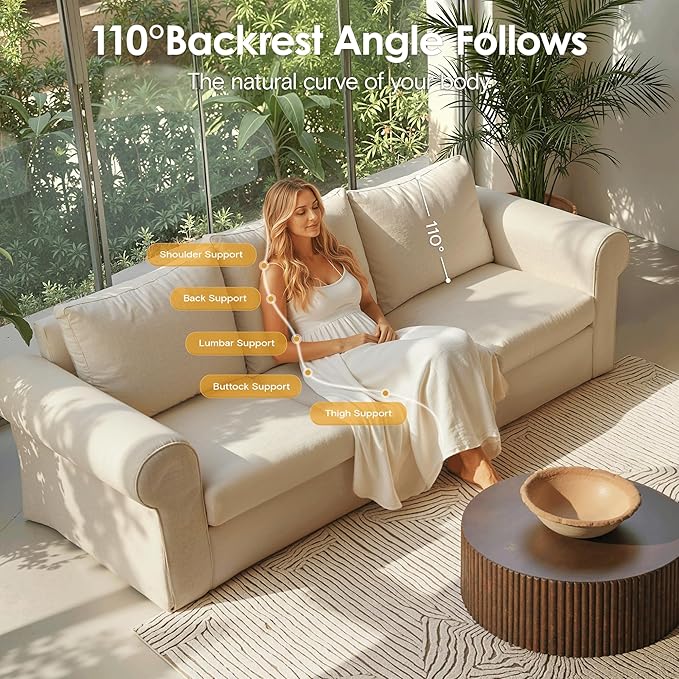89 3 Seater Sofa for Living Room Deep Seated Comfy Couch High Back Suppor Removable Washable Couches Modern Farmhouse Rolled-Arm Sofas - Beige