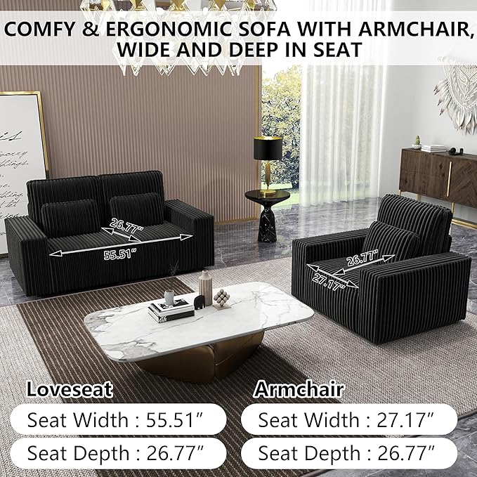 mikibama 2PC Corduroy Sofa Couch with Chair Set for Living RoomModern 2 Piece Loveseat Sofa and Armchair SetDeep Seat 2 Seater Couch with Accent Chair for OfficeApartment