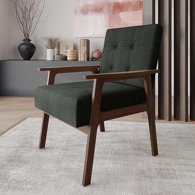Accent Chair with Button-Tufted Linen Upholstery Wooden Armrests Cushioned Seat Easy Assembly Charcoal Grey