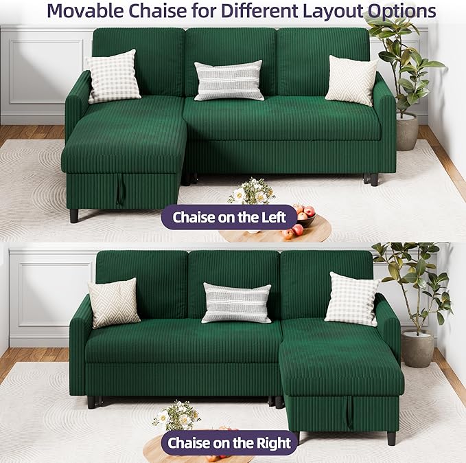 Sofa Bed Sleeper Pull Out 2 in 1 Sectional Sleeper Sofa Couches with Storage Pullout Sectional Couches for Apartment Living RoomGreen