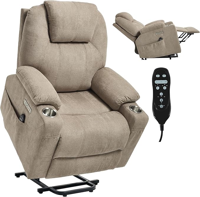Power Lift Chair with Massage &amp Heat Electric Recliner Chairs for Adults Remote Control Sofa for Living Room Standing Assistance USB Ports Stainless Steel Cup Holders (Chenille Khaki)