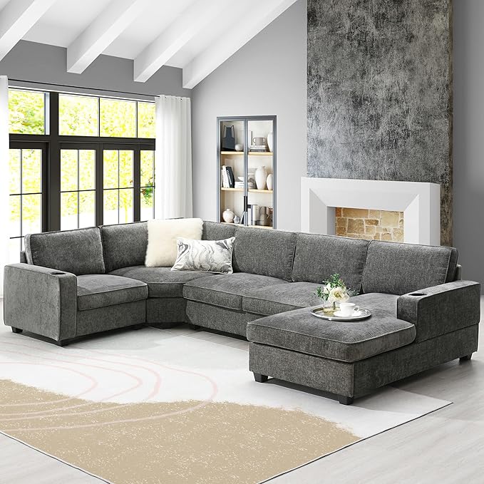 Merax Modern U-Shaped Cloud Couch Set with Oversized Chaise Lounge Chenille 6-Seat Sectional Sofa Sleeper Bed with Cup Holders for Living Room Dark Gray